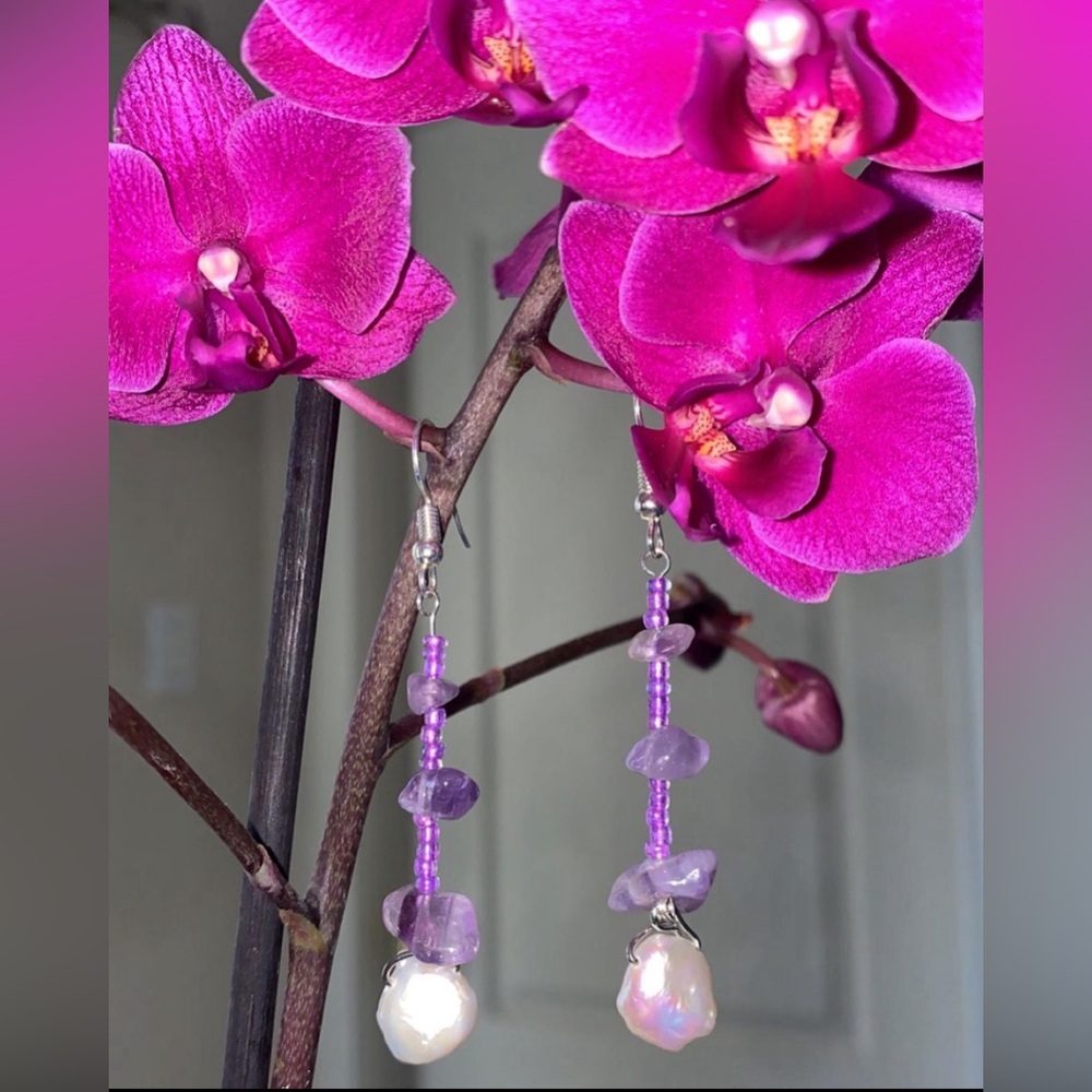 Amethyst Pearl Drop Earrings